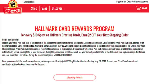 ShopRite Hallmark 'Card Rewards Program' Page