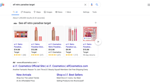 E.l.f. Retro Paradise Target Google Search Ads