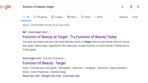Function of Beauty Target Google Search Ad