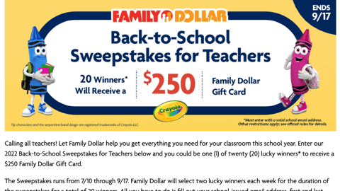 Family Dollar Crayola 'Sweepstakes for Teachers' Page