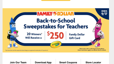 Family Dollar Crayola 'Sweepstakes for Teachers' Email 