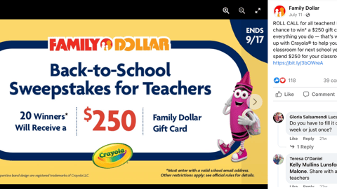 Family Dollar Crayola 'Sweepstakes for Teachers' Facebook Update