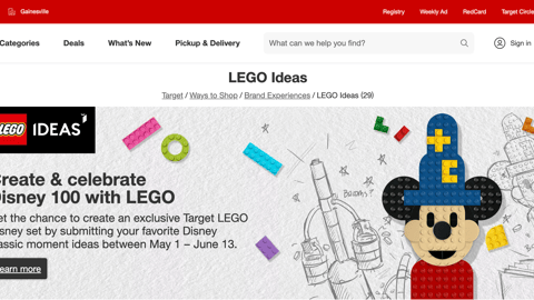 Target Lego 'Create & Celebrate Disney 100' Web Page