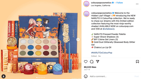 Naruto X ColourPop Ulta 'Welcome to Hidden Leaf Village' Instagram Update