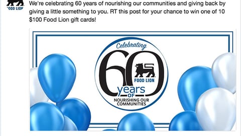 Food Lion 'Celebrating 60 Years' Twitter Update