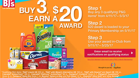 BJ's P&G 'Buy 3, Earn a $20 Award' Web Page