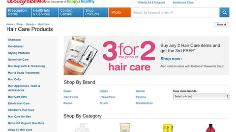 Walgreens.com '3 for 2' Hair Care Landing Page