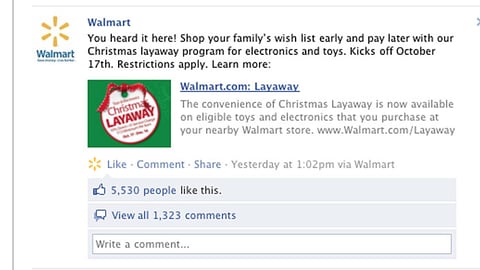 Walmart Layaway Facebook Status Update