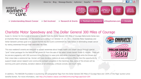 Komen 'Dollar General 300' Splash Page