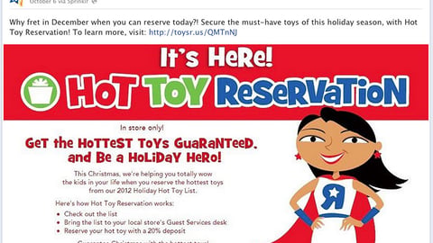 Toys "R" Us 'Hot Toy Reservation' Facebook Update