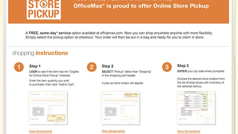 OfficeMax.com 'Online Store Pickup' Page