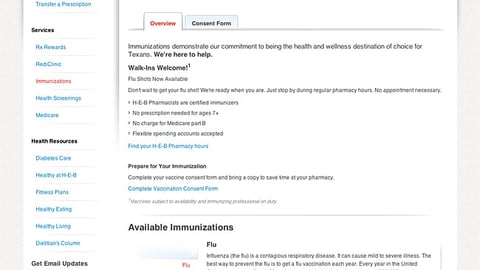 H-E-B 'Immunizations' Page