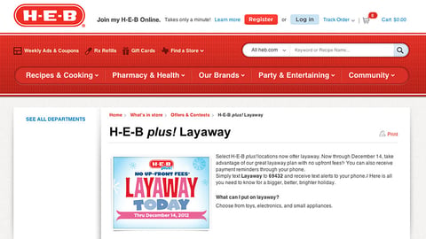 H-E-B Plus Layaway Page