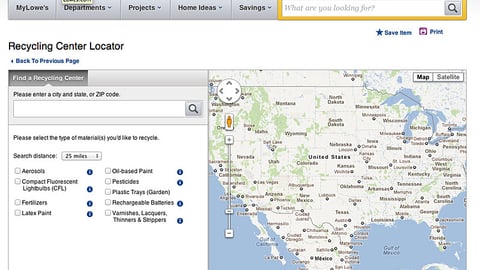 Lowe's 'Recycling Center Locator' Webpage