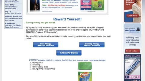 Rite Aid J&J 'Allergy Rewards' Page