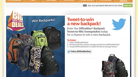 OfficeMax 'Win Backpacks' Webpage