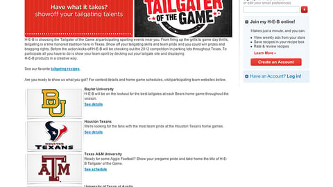 H-E-B 'Tailgater of the Game' Landing Page