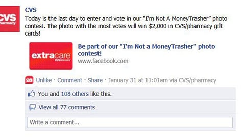 CVS 'MoneyTrasher' Facebook Status Update