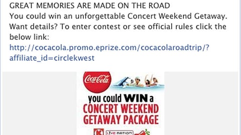 Circle K Coca-Cola 'Concert Weekend Getaway' Facebook Update