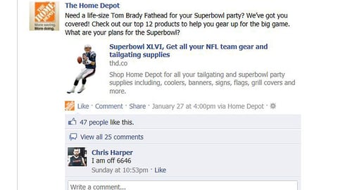Home Depot 'Superbowl' Facebook Status Update
