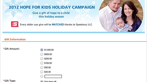 Speedway.com 'Hope for Kids' Donation Page