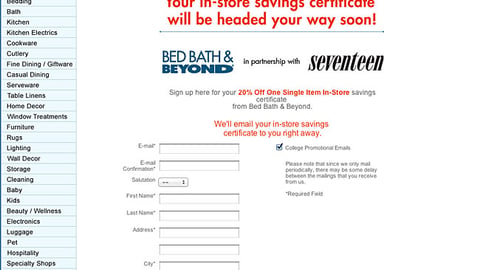 Bed Bath & Beyond 'Seventeen' Promotional Page
