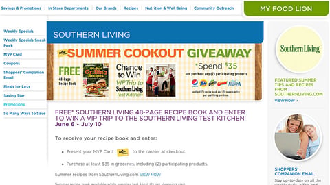 Food Lion 'Summer Cookout Giveaway' Page
