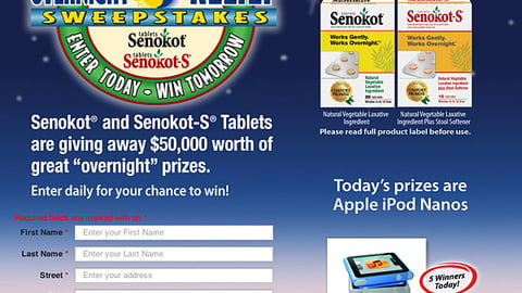 Senokot Sweepstakes Entry Page