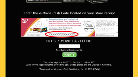 U by Kotex Walgreens 'Movie Ticket' Entry Page