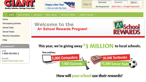 Giant-Carlisle 'A+ School Rewards' Landing Page