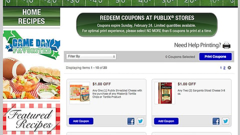 Publix 'Game Day Favorites' Webpage