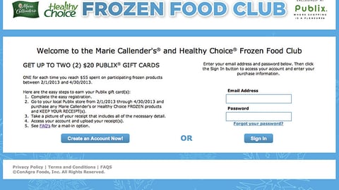 ConAgra Publix 'Frozen Food Club' Webpage