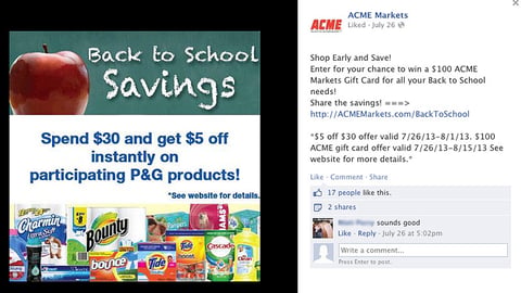 Acme P&G 'Back to School Savings' Facebook Update