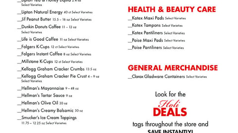Food Lion 'Holideals' Shopping List