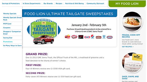 Food Lion 'Ultimate Tailgate' Promotional Page