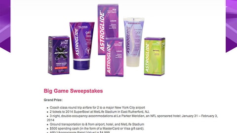 Astroglide Walgreens 'Big Game Sweepstakes' Page