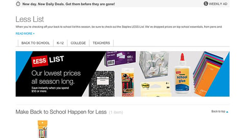 Staples.com 'Less List' Landing Page