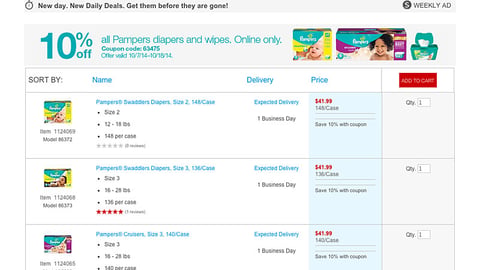 Staples Pampers E-Commerce Page