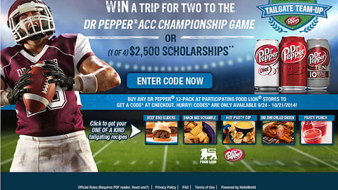 Dr Pepper Food Lion 'Tailgate Team-Up' Landing Page