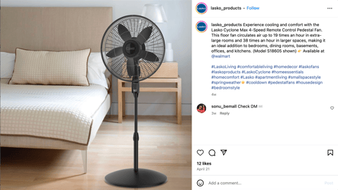 Lasko Walmart 'Experience Cooling and Comfort' Instagram Update