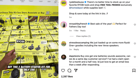 Ryobi Home Depot 'No Better Time to Stock Up' Instagram Update