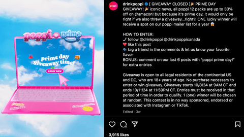Poppi Amazon 'Prime Day Giveaway' Instagram Update